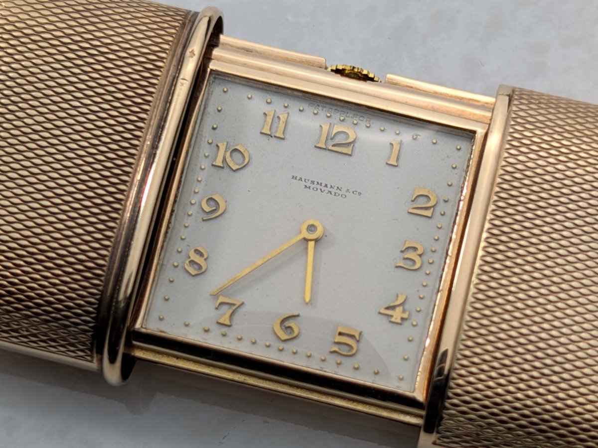 1920s Movado Hausmann & Co Ermeto Normal 9K Gold Clock