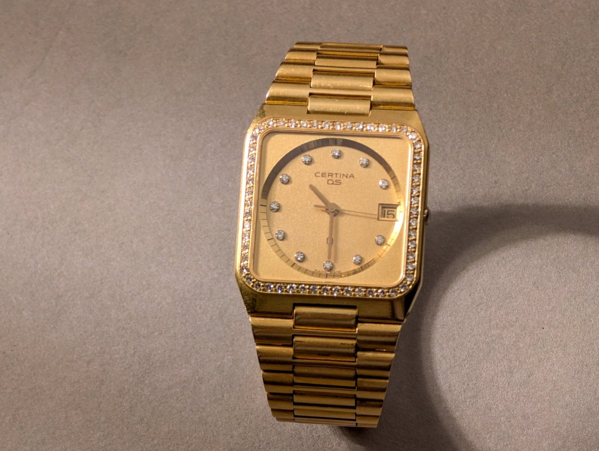 Certina DS 14k Gold Square Integrated Bracelet Diamond Indices and Bezel Wristwatch