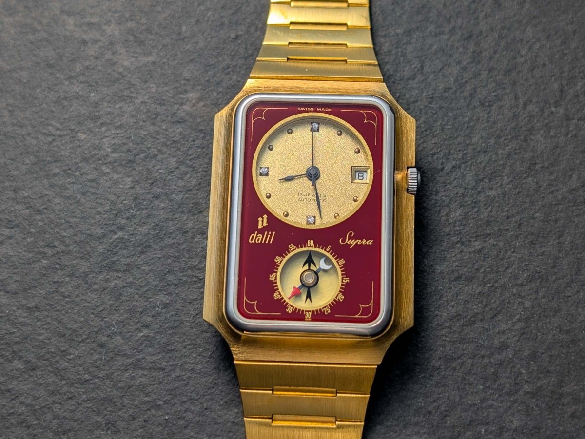 Dalil Supra Qibla Compass Watch - Gold Plated - Burgundy Dial Wristwatch