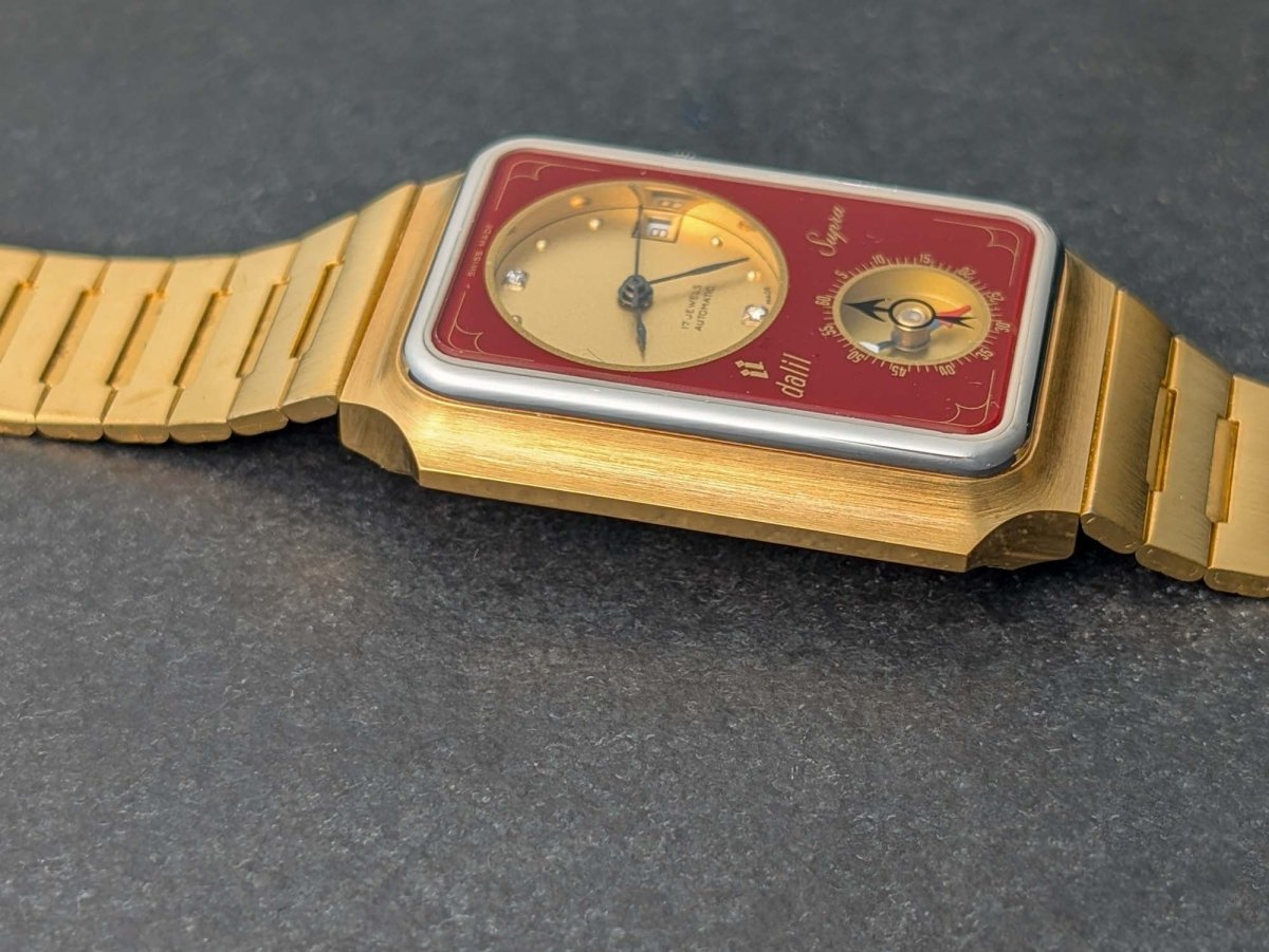 Dalil Supra Qibla Compass Watch - Gold Plated - Burgundy Dial Wristwatch