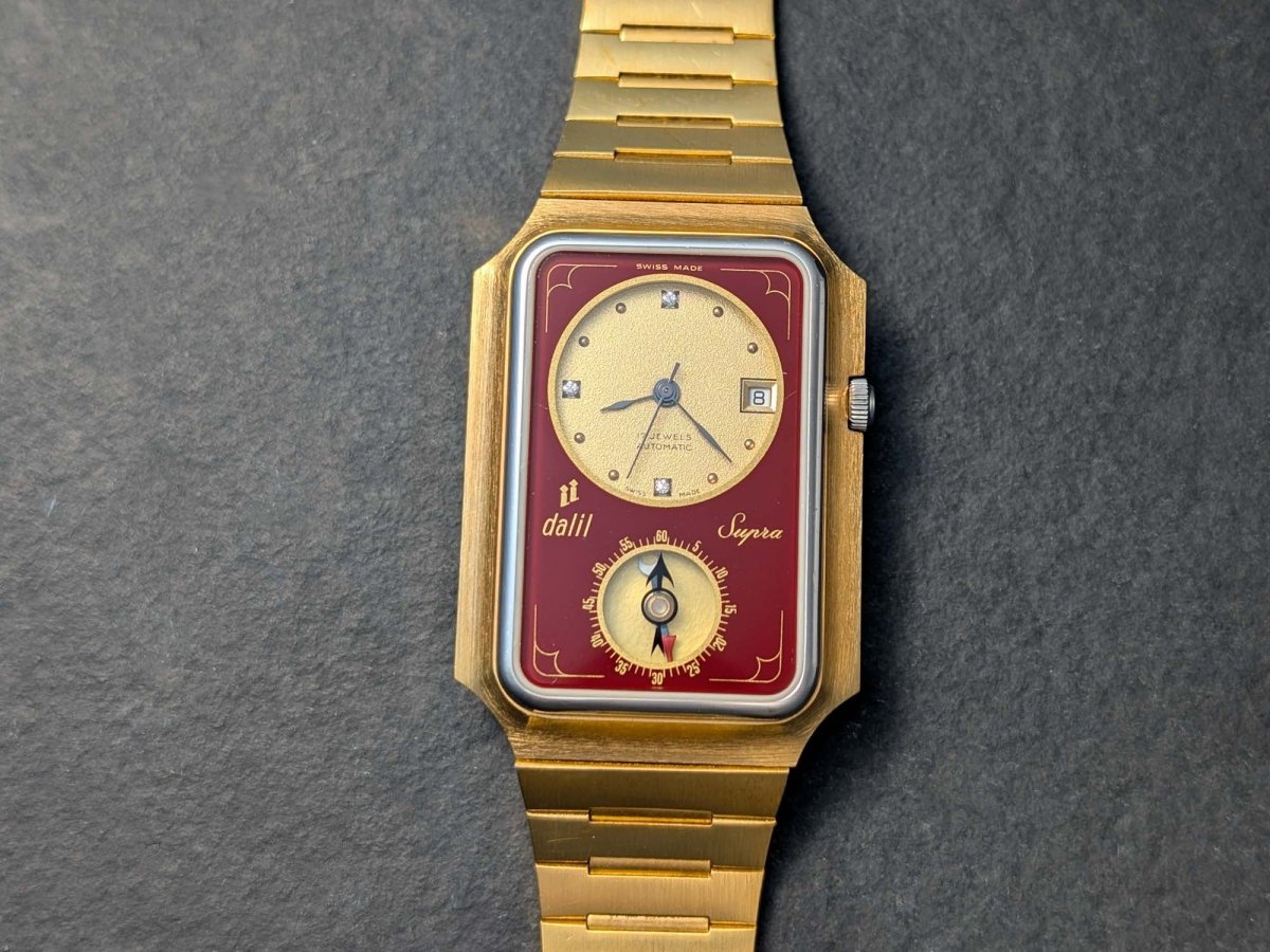 Dalil Supra Qibla Compass Watch - Gold Plated - Burgundy Dial Wristwatch