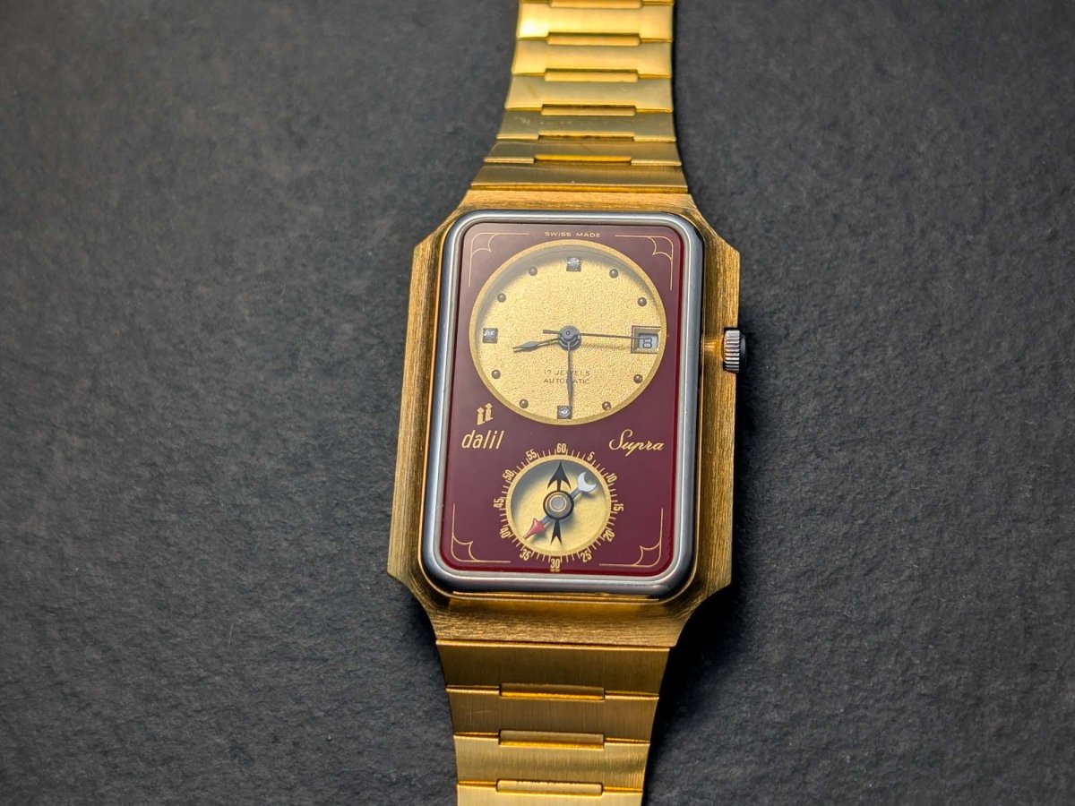 Dalil Supra Qibla Compass Watch - Gold Plated - Burgundy Dial Wristwatch