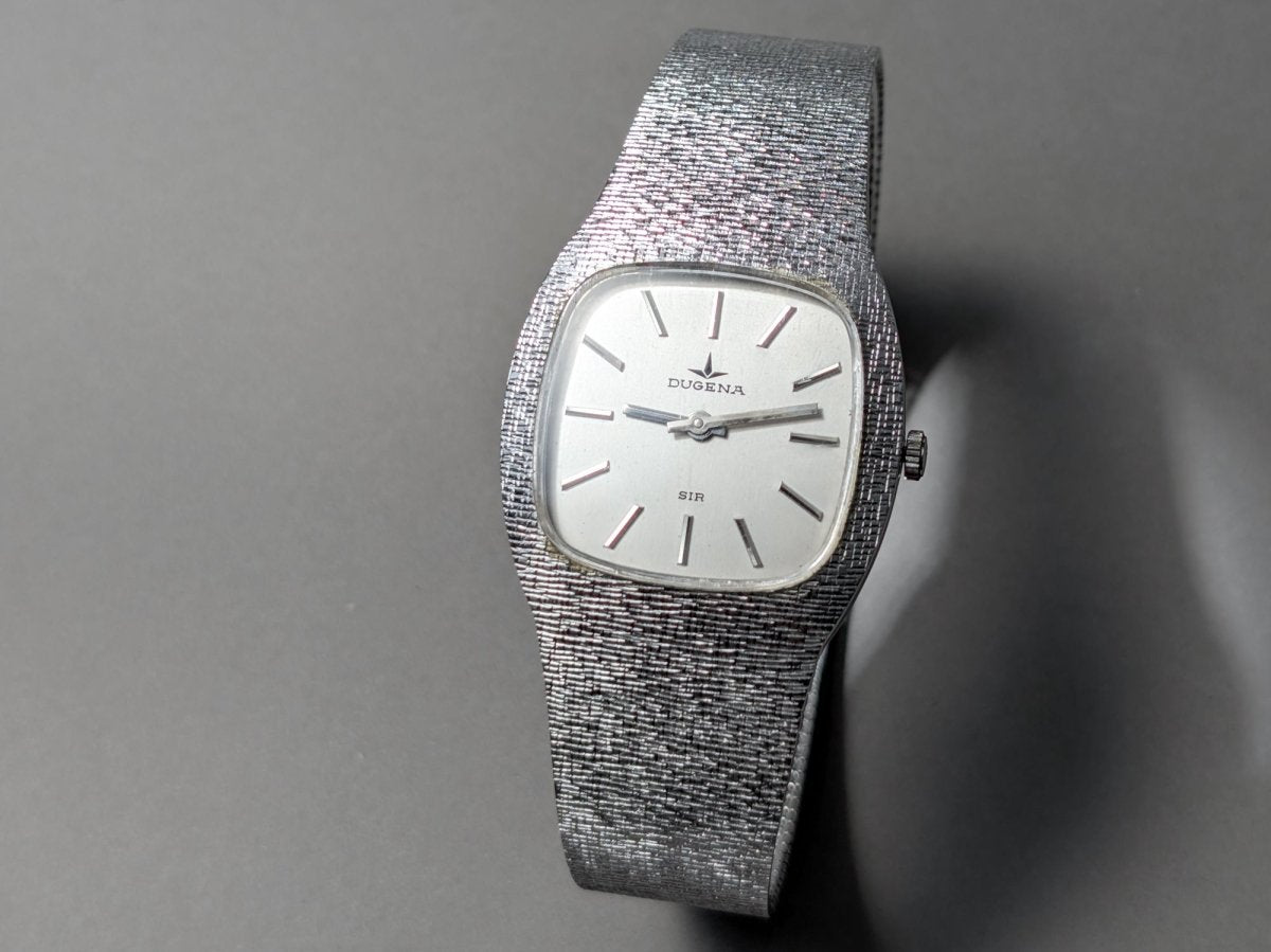 Dugena Sir 14k White Gold Bark Finish 24th December 1975 Wristwatch