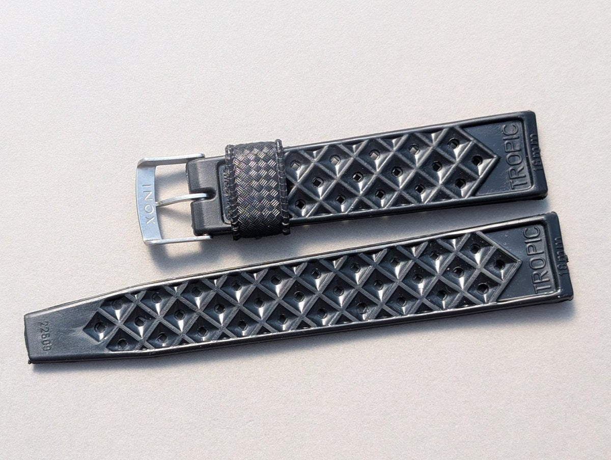 NOS Tropic Strap Black Rubber 18 mm Straight Ends 22509 INOX Buckle Strap / Bracelet