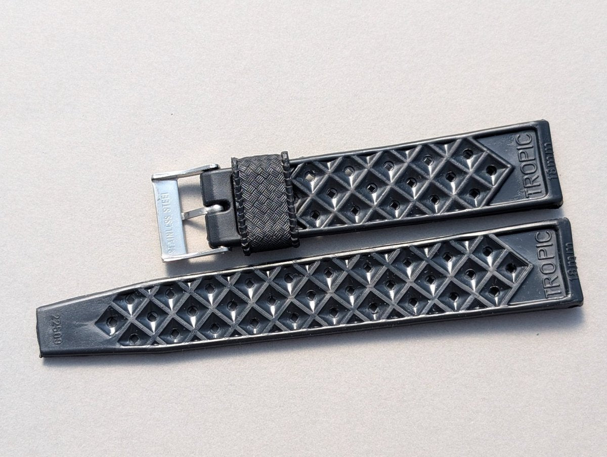 NOS Tropic Strap Black Rubber 18 mm Straight Ends 22509 Stainless Steel Buckle Strap / Bracelet