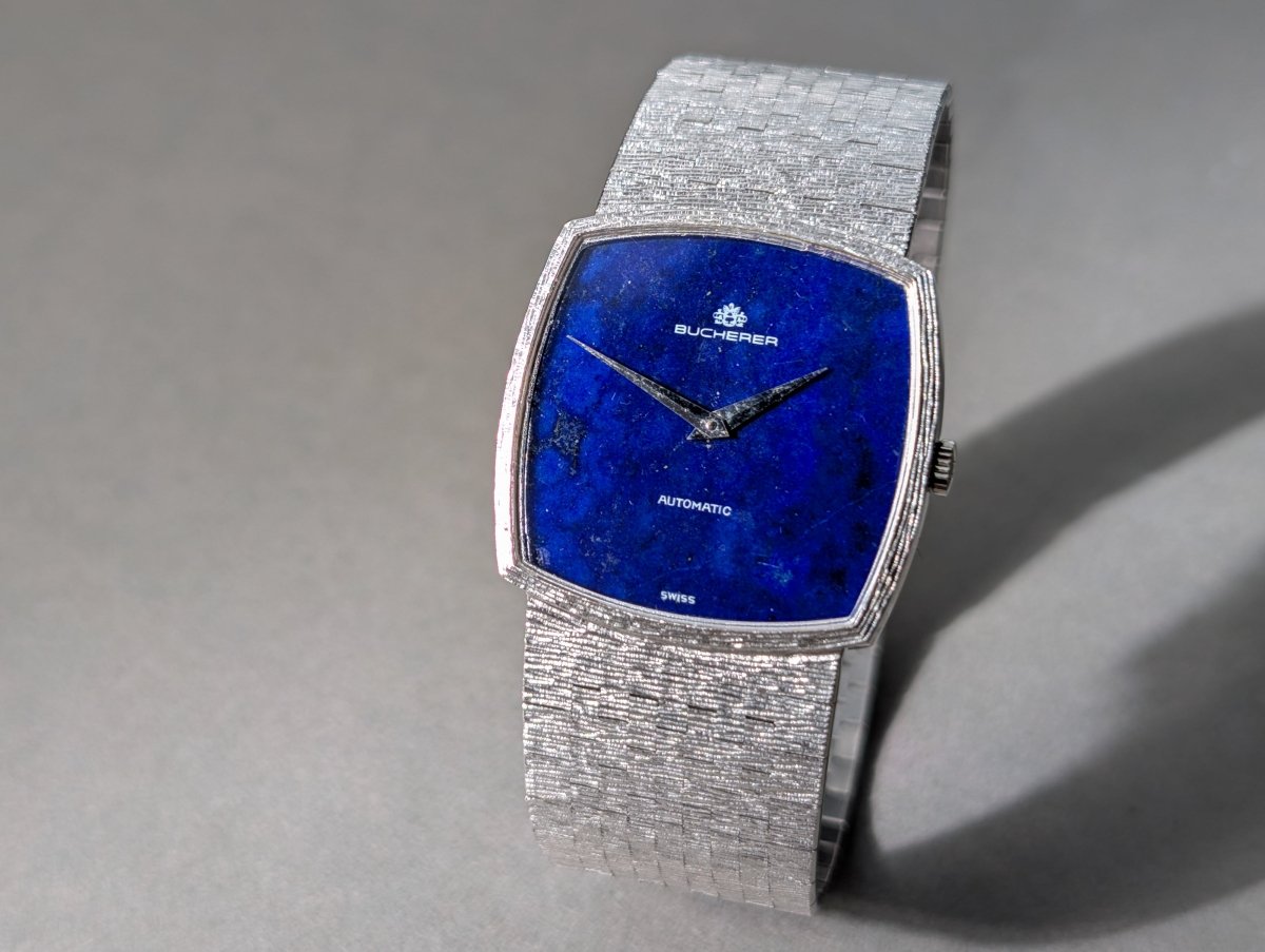 Bucherer Chopard 2032 - 1 18k White Gold Lapis Lazuli Mosaic Dial Bark Finish Wristwatch