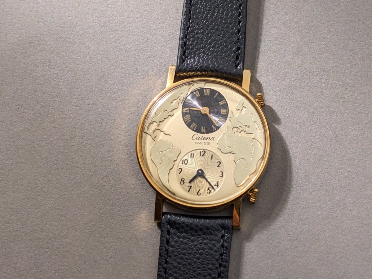 Catena Swiss Dual Time World Map Manual Wind Wristwatch