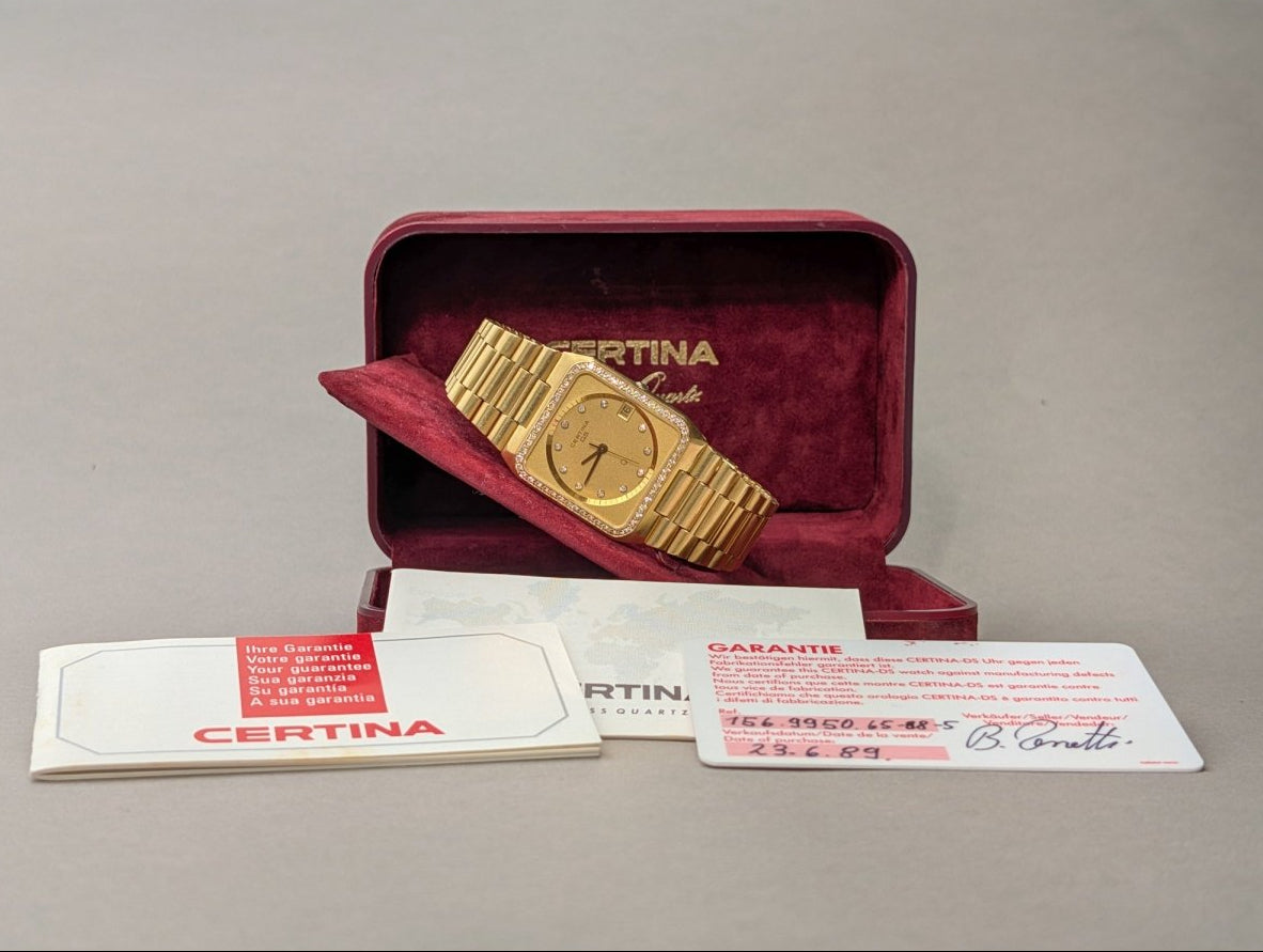 Certina DS 14k Gold Square Integrated Bracelet Diamond Indices and Bezel Wristwatch