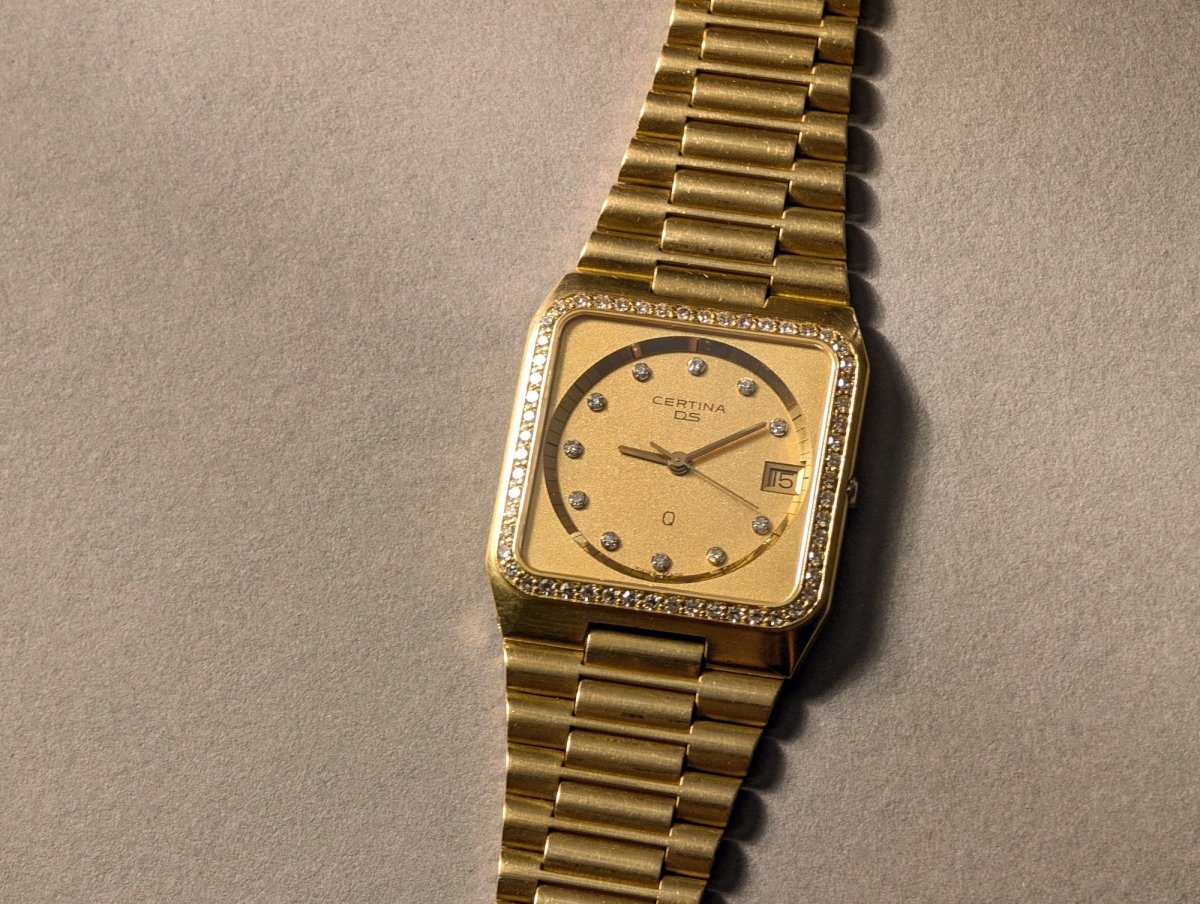 Certina DS 14k Gold Square Integrated Bracelet Diamond Indices and Bezel Wristwatch