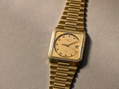 Certina DS 14k Gold Square Integrated Bracelet Diamond Indices and Bezel Wristwatch