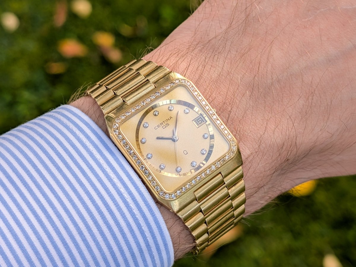 Certina DS 14k Gold Square Integrated Bracelet Diamond Indices and Bezel Wristwatch