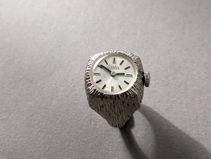 Exita Ring Watch Silver Bark Finish Manual Movement Ring Watch
