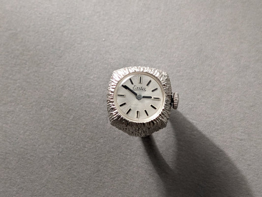 Exita Ring Watch Silver Bark Finish Manual Movement Ring Watch