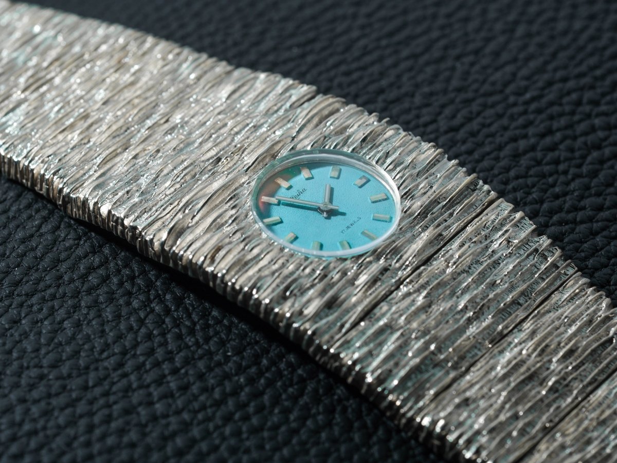 Extraordinary Heika 70s Silver Watch Bark Finish Blue Dial