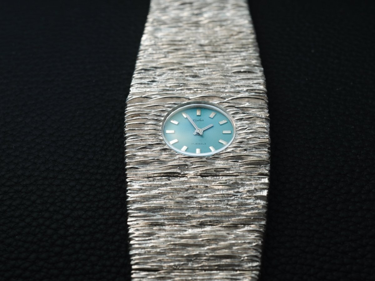 Extraordinary Heika 70s Silver Watch Bark Finish Blue Dial