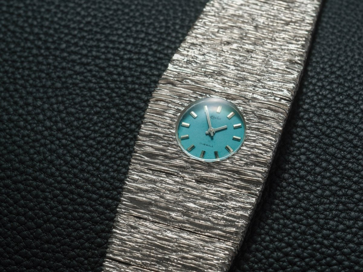 Extraordinary Heika 70s Silver Watch Bark Finish Blue Dial