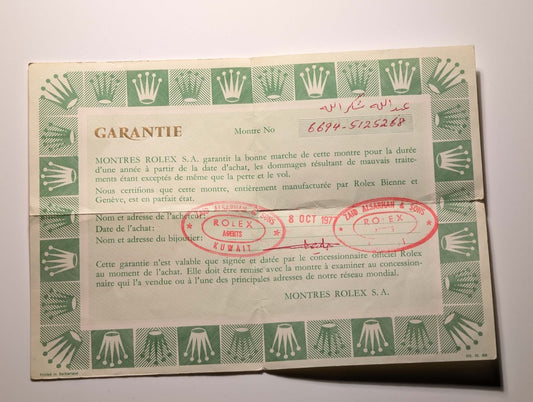 Rolex Oyster 6694 Certificate Guarantee 1977 Kuwait 5125268 Papers