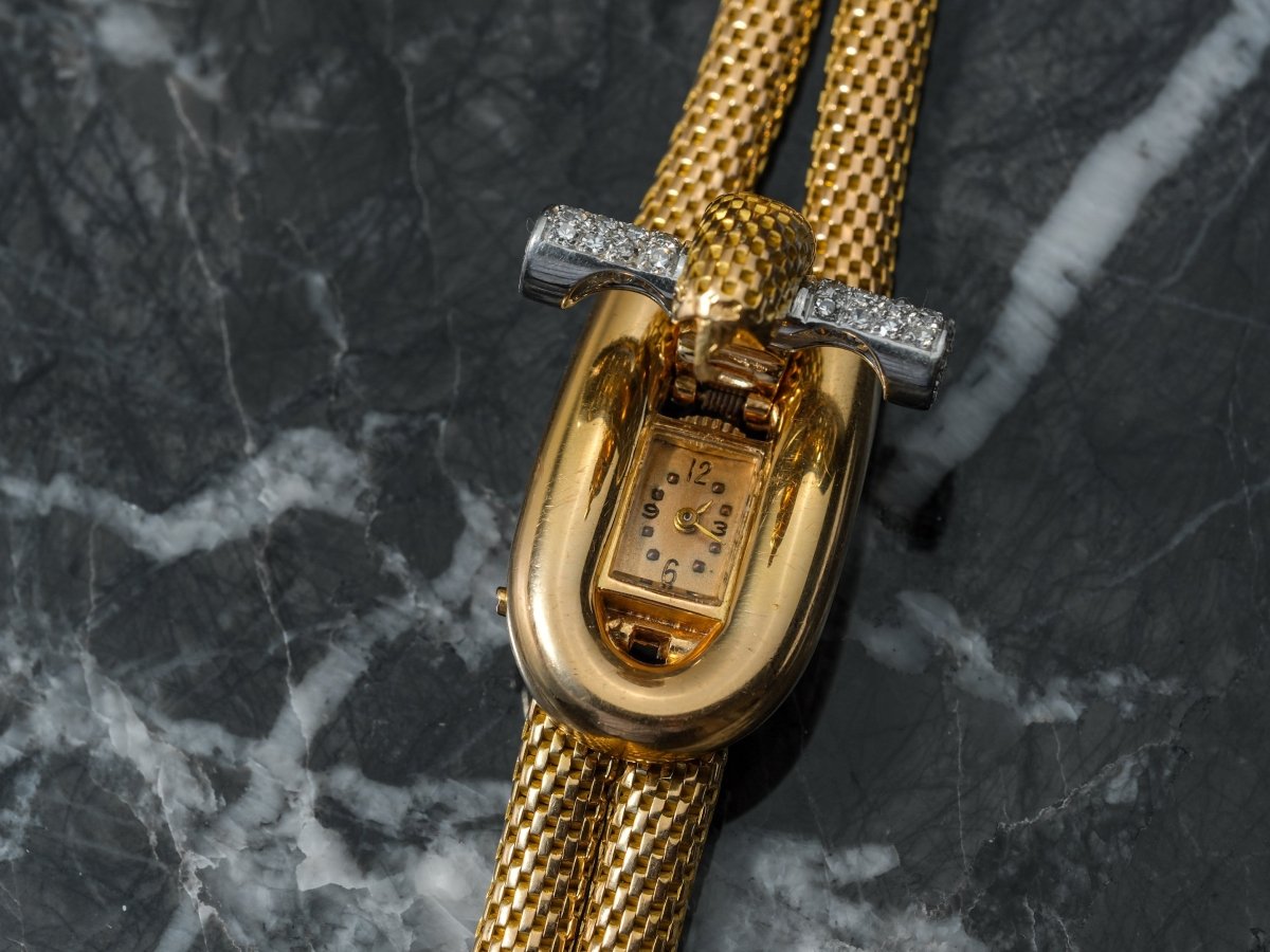 Secret Jewelery Watch Mid Century Gold Platinum and Diamonds Wristwatch