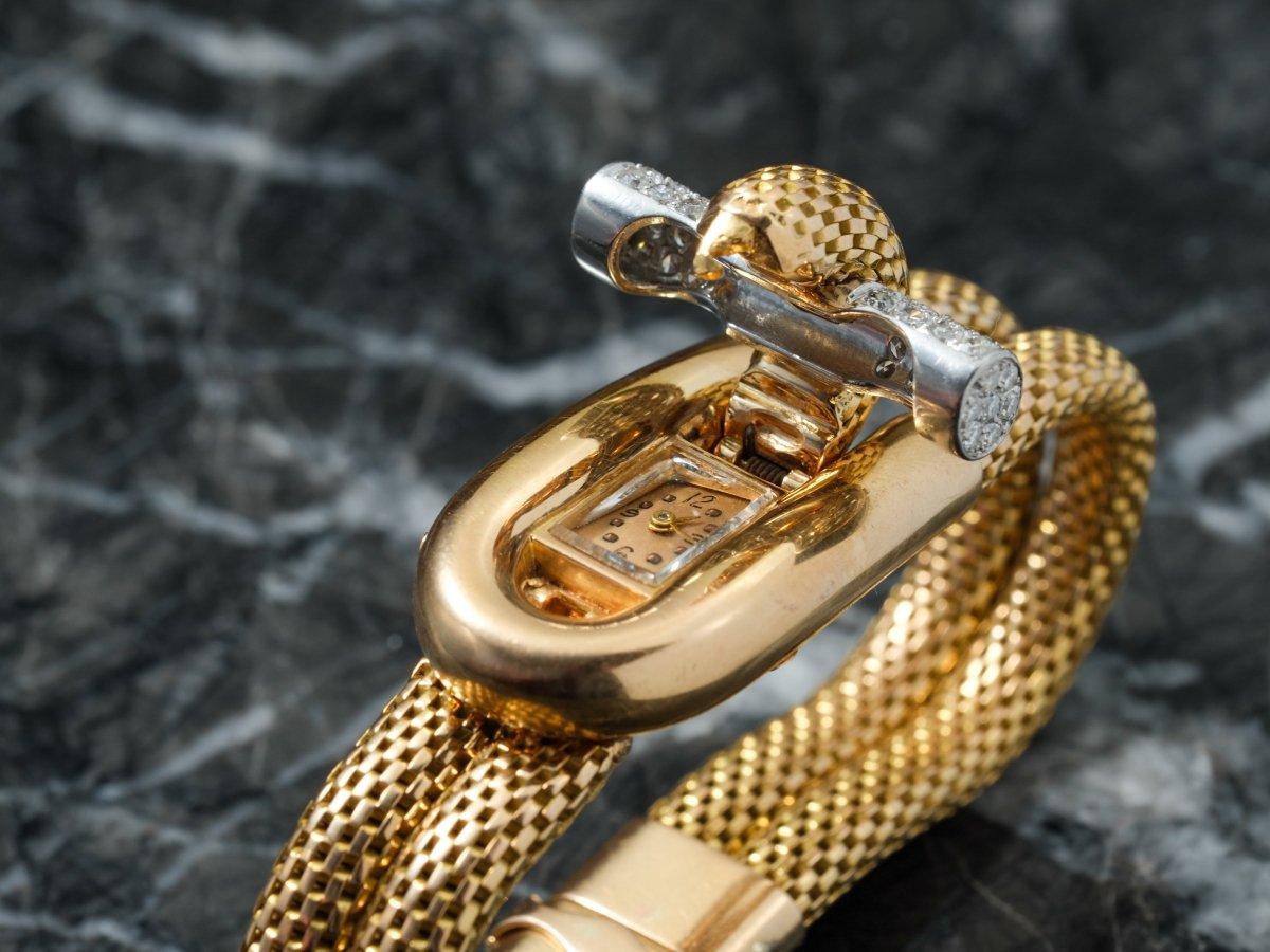 Secret Jewelery Watch Mid Century Gold Platinum and Diamonds Wristwatch