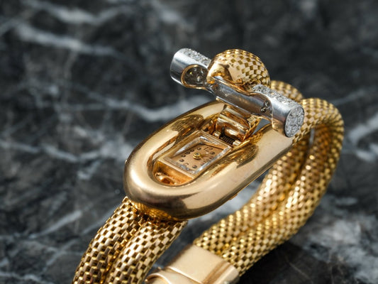 Secret Jewelery Watch Mid Century Gold Platinum and Diamonds Wristwatch